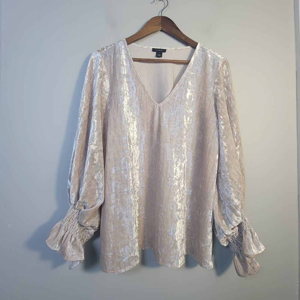 Halogen Womens L Velvet Blouse V Neck Balloon Sleeve Glitter Metallic Champagne